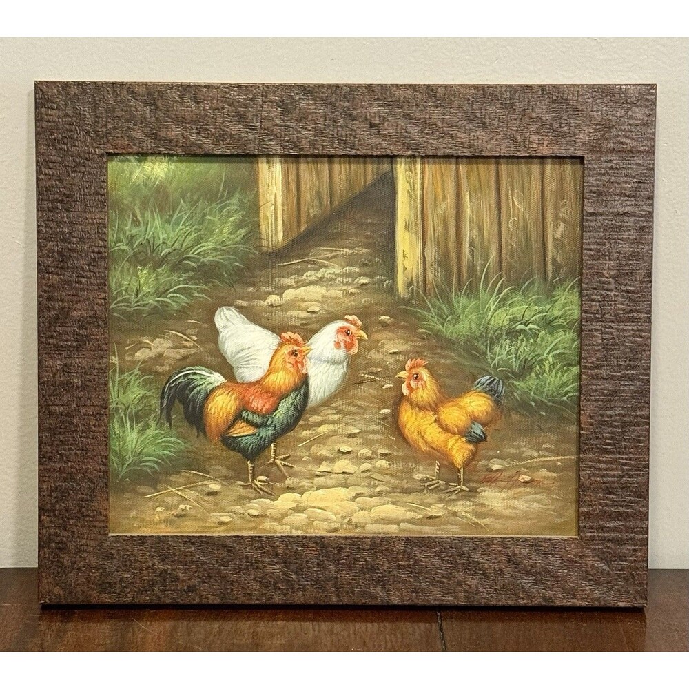 Vintage Roosters And Chickens Farmyard Original Oil Painting Signed M. Aaron